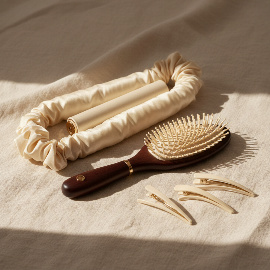 Satin heatless curling rod, gold-handled hairbrush and hair clips from the BUYFOREAST hair tools edit