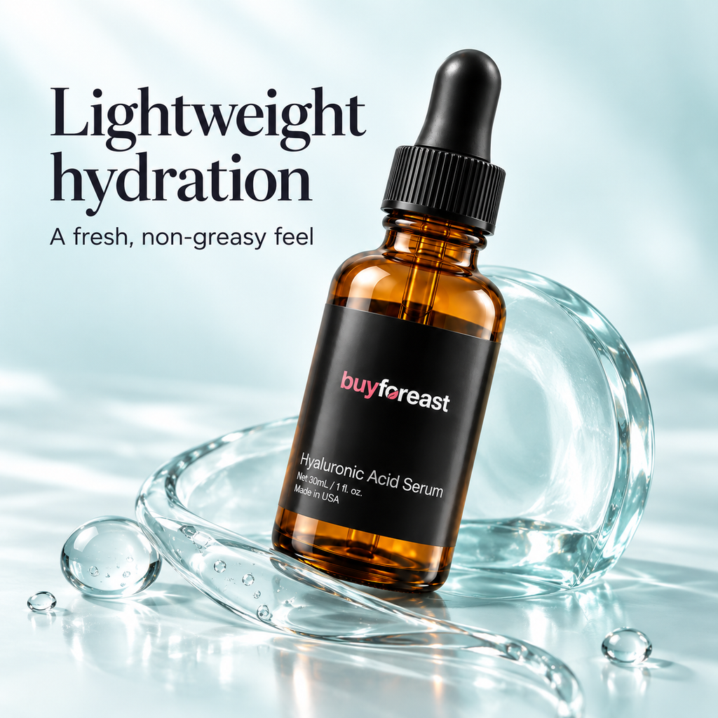 BUYFOREAST Hyaluronic Acid Serum lightweight texture in a soft aqua studio scene