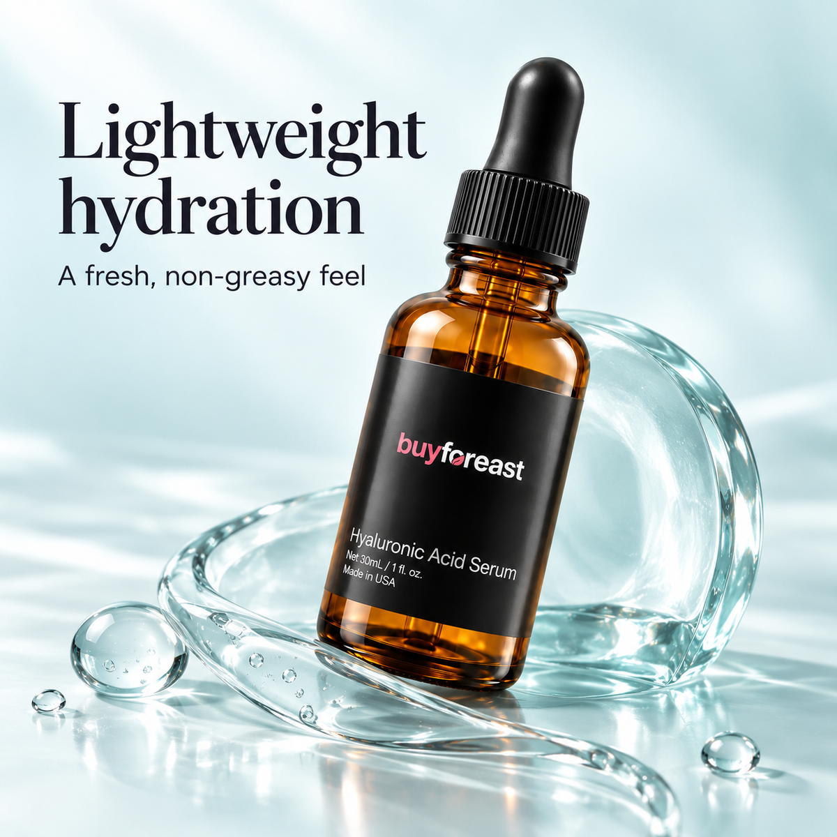 BUYFOREAST Hyaluronic Acid Serum lightweight texture in a soft aqua studio scene