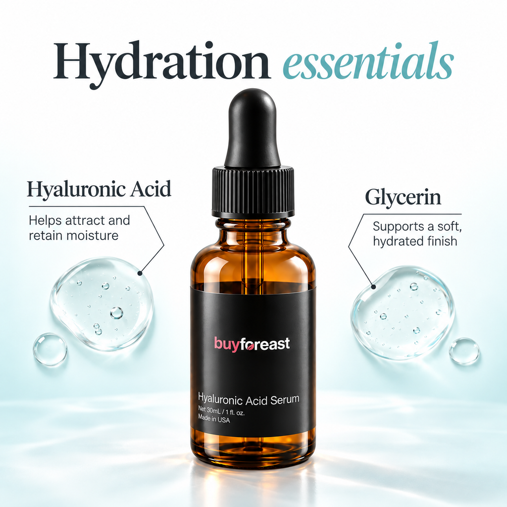 BUYFOREAST serum ingredient infographic featuring hyaluronic acid and glycerin