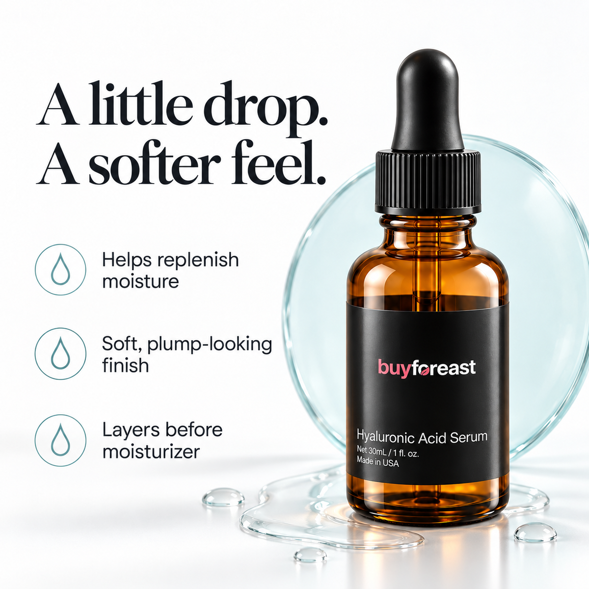 BUYFOREAST Hyaluronic Acid Serum benefits: replenish moisture, soft plump-looking finish, easy layering
