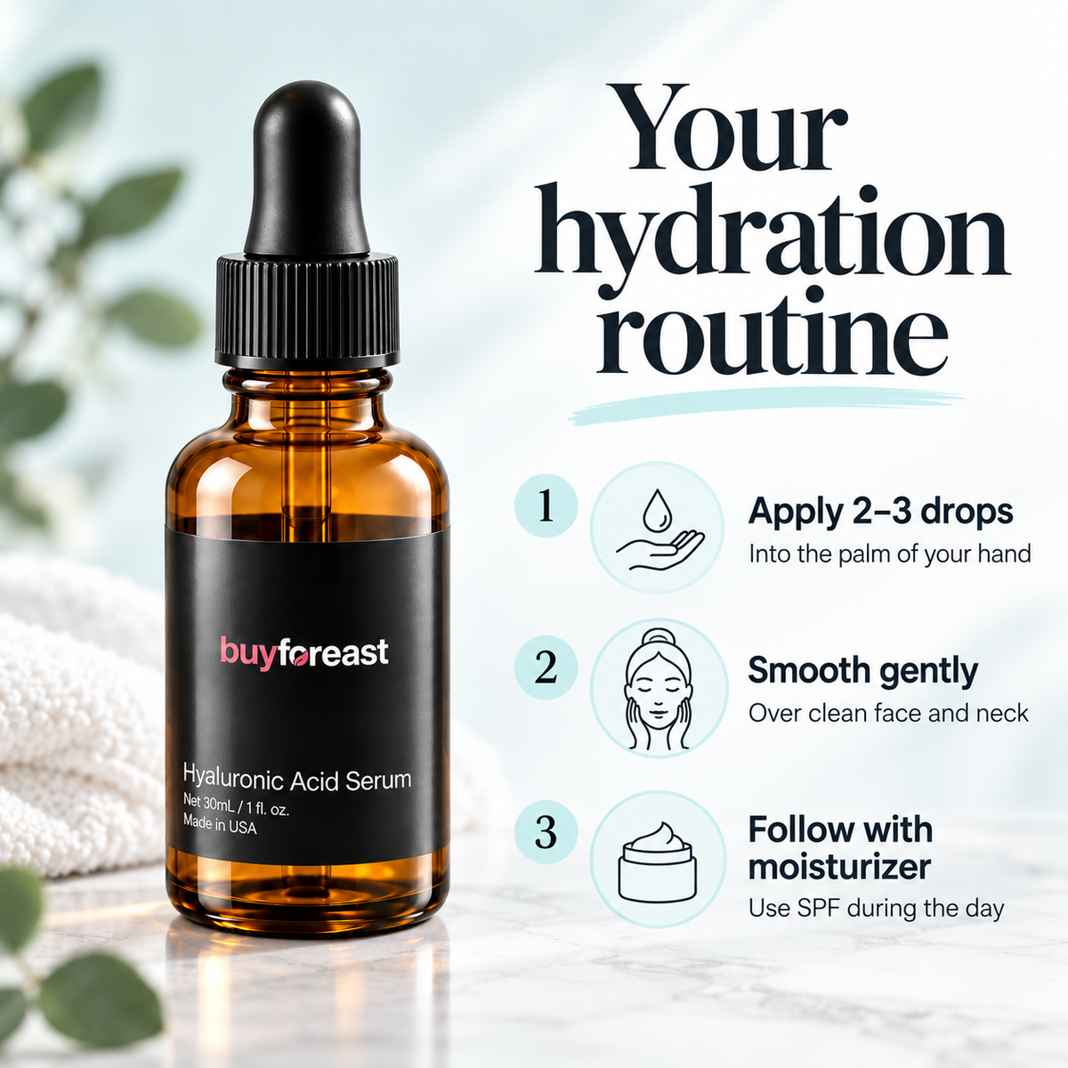 How to use BUYFOREAST Hyaluronic Acid Serum: apply 2–3 drops, smooth over face and neck, follow with moisturizer