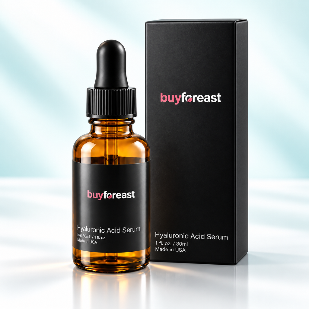BUYFOREAST Hyaluronic Acid Serum amber dropper bottle and original black packaging