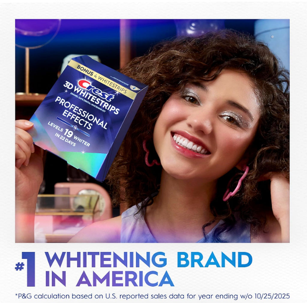 Smiling woman holding Crest 3D Whitestrips Professional Effects package