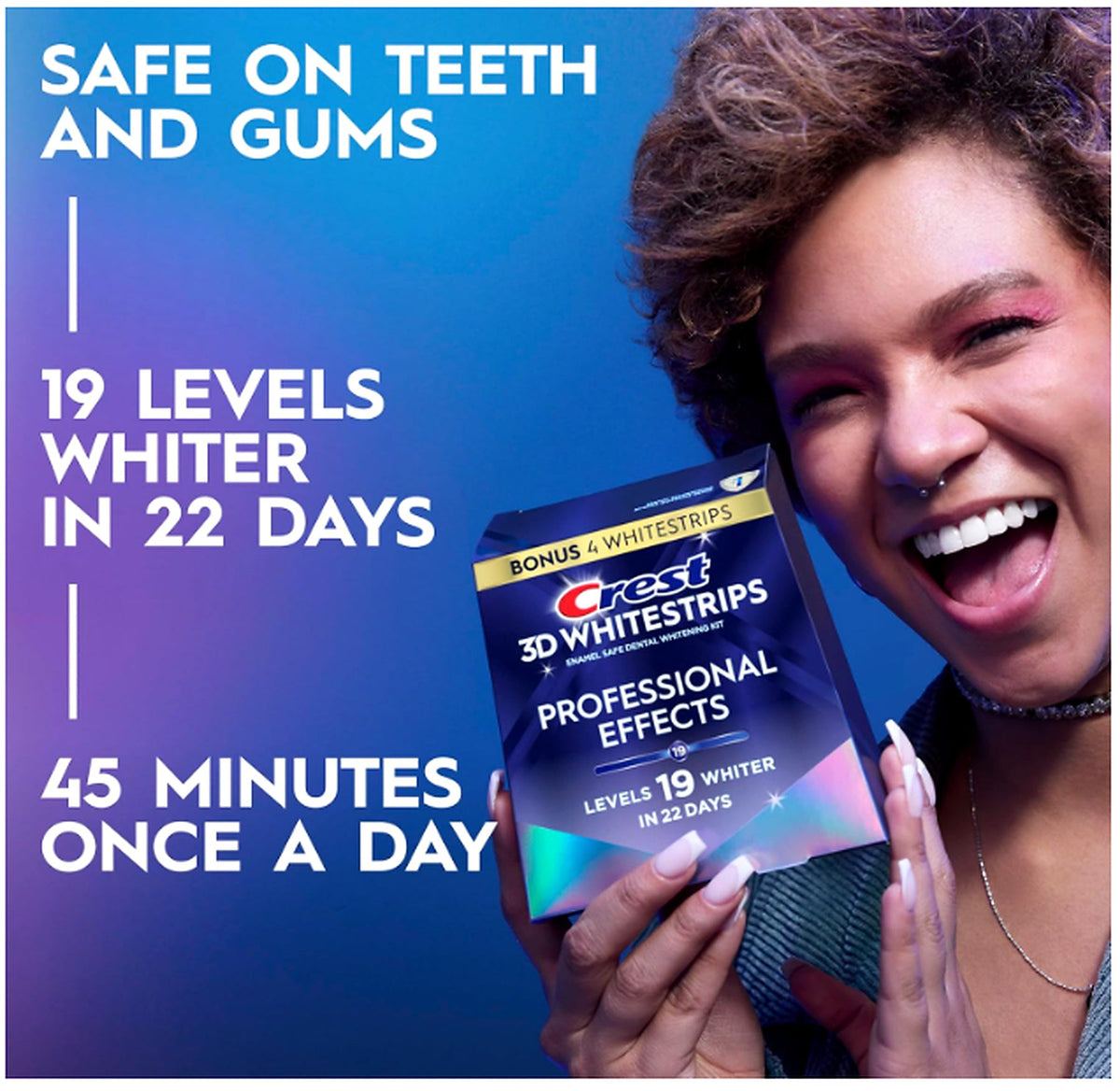 Crest 3D Whitestrips Professional Effects safe on teeth and gums lifestyle graphic