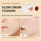 Glow Cream Cushion buildable coverage before and after graphic