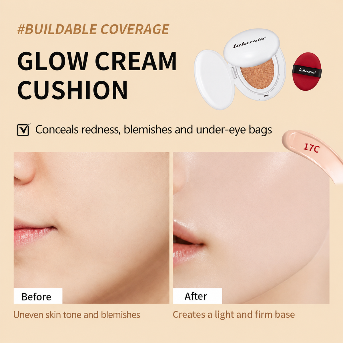 Glow Cream Cushion buildable coverage before and after graphic