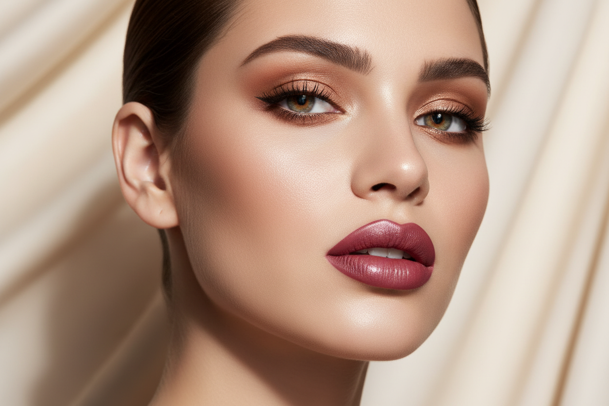 Close-up of a model wearing a warm bronze eye and a deep berry lip from the BUYFOREAST beauty edit
