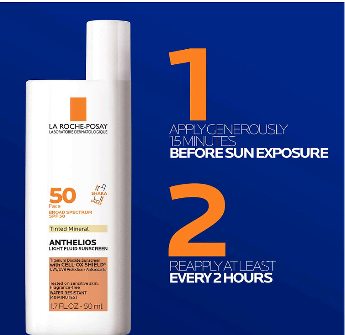 La Roche-Posay Anthelios Mineral Tinted SPF 50 application and reapplication directions