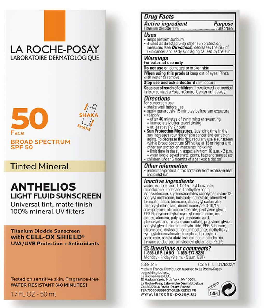 La Roche-Posay Anthelios Mineral Tinted Light Fluid Sunscreen SPF 50 packaging and Drug Facts