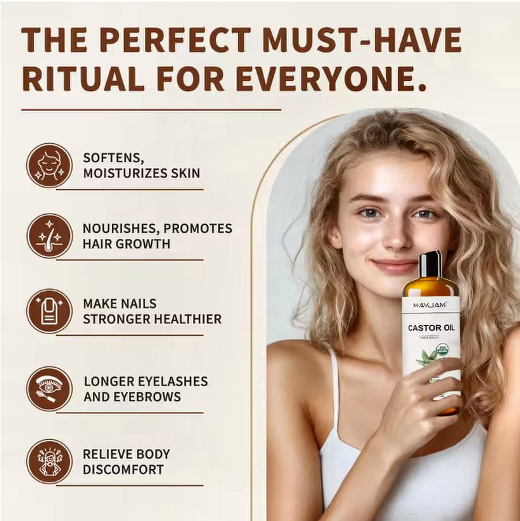 MAYJAM castor oil multipurpose beauty benefit graphic