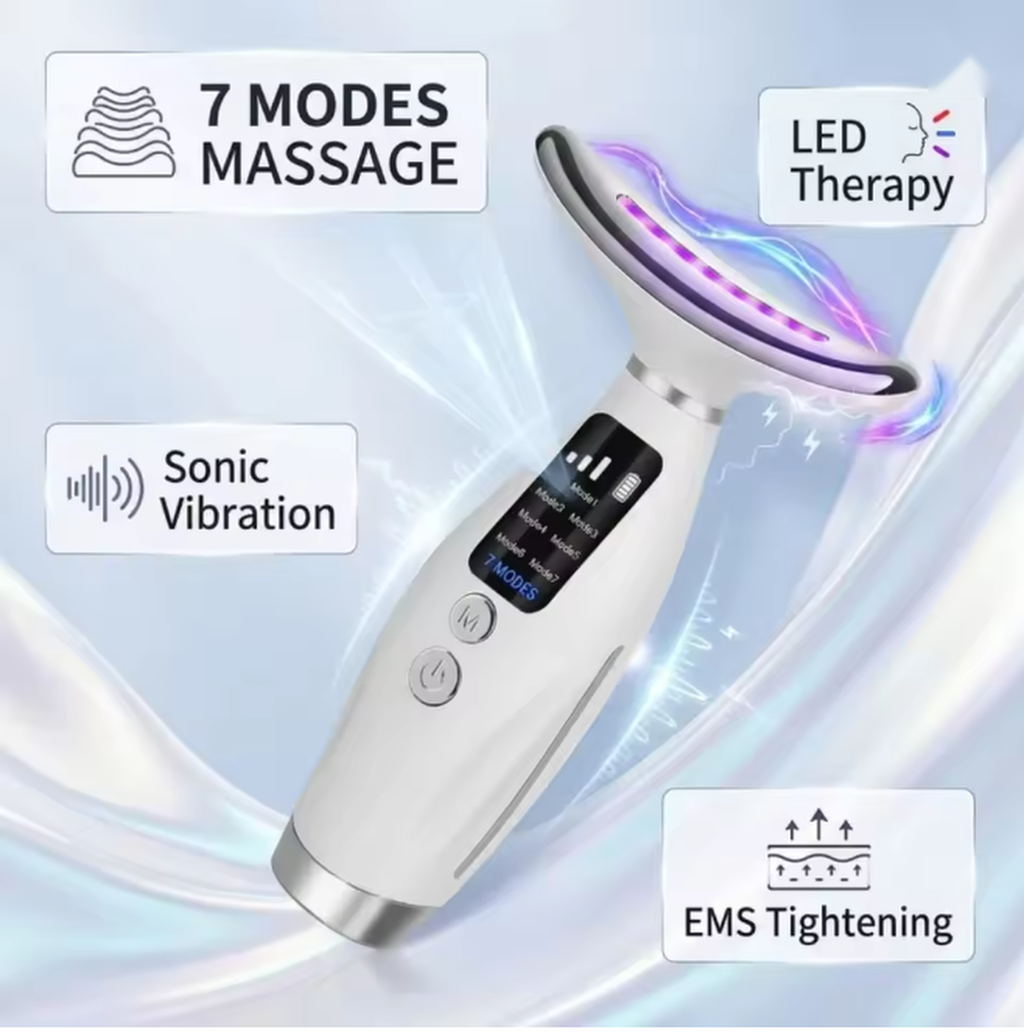 Neck beauty device 7 massage modes LED therapy sonic vibration and EMS graphic