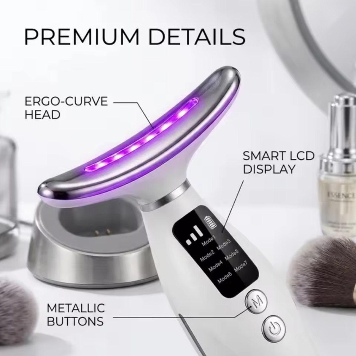 Neck beauty device premium details showing curved head display and buttons