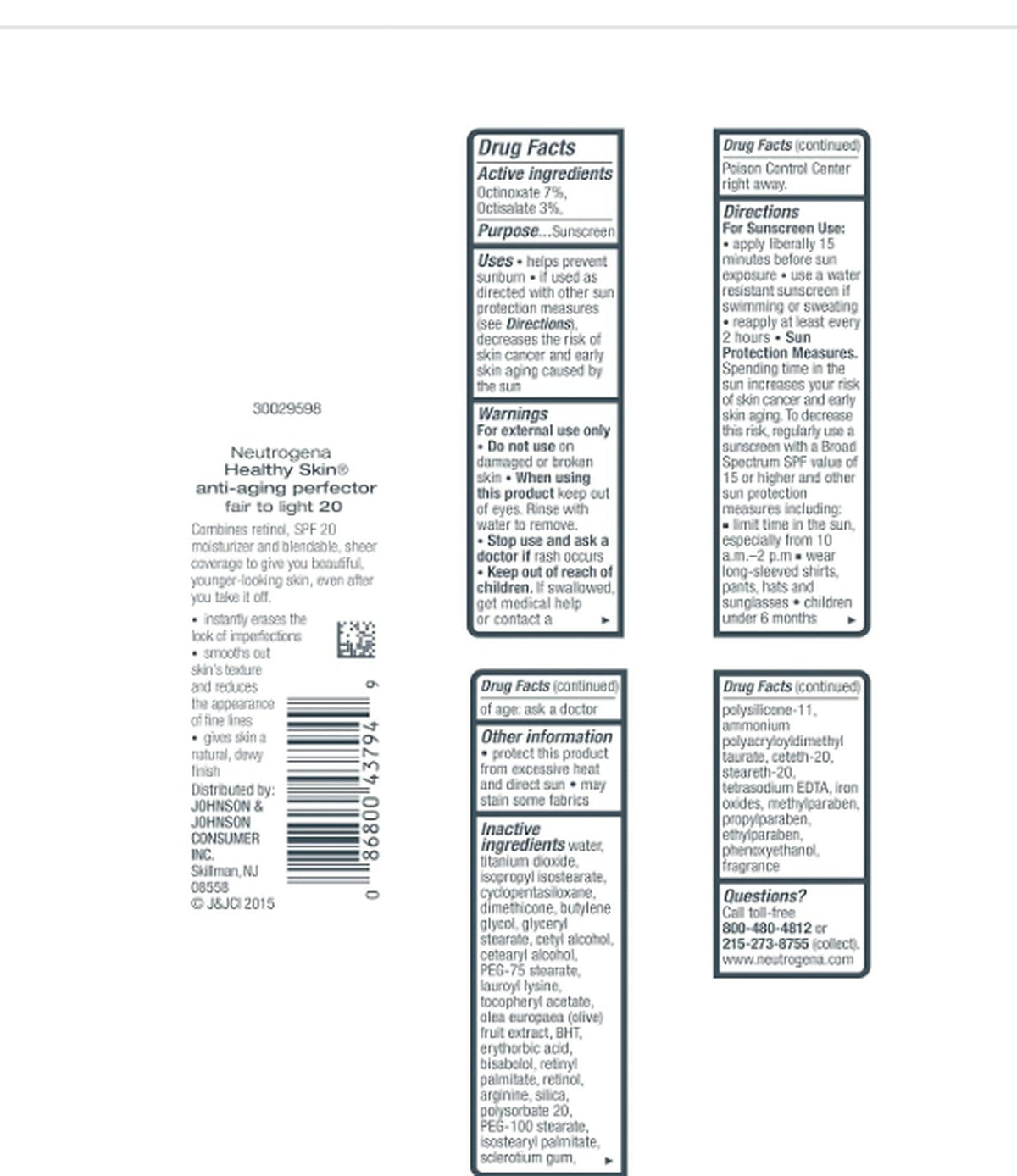 Neutrogena Healthy Skin Anti-Aging Perfector back packaging Fair to Light 20 SPF 20