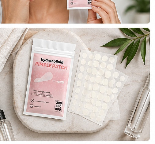 Pimple patch pack and sheets styled on a stone tray