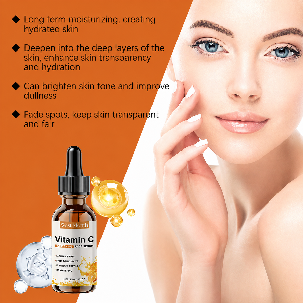 West Month Vitamin C Whitening Face Serum moisturizing and skin tone benefit graphic
